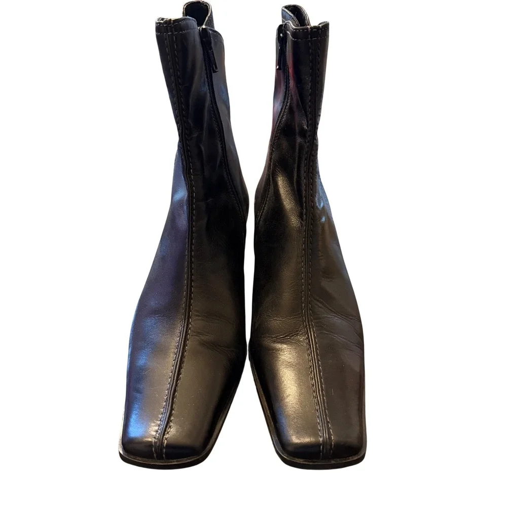 COSMO‎ Paris Black Leather Square Toe Block Heel Ankle Boots Womens Size 36